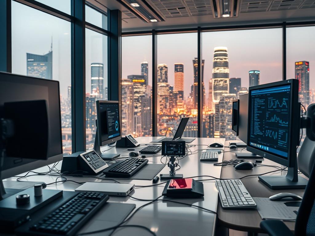 A hyper-realistic close-up shot of a modern, futuristic office space showcasing high-tech IT equipment and devices. The background features large windows with a view of a bustling city skyline, symbolizing global expansion. The lighting is bright and inviting, emphasizing a professional environment. The image style is crisp and clear, shot with a 45mm f/1.2 lens.