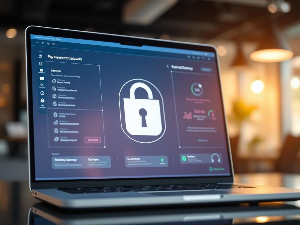 A realistic high-resolution image of a secure payment gateway device or software interface displayed on a laptop screen, with a padlock symbol prominently featured to signify security. The background should be a modern office setting with subtle tech elements, conveying a sense of professionalism and safety.