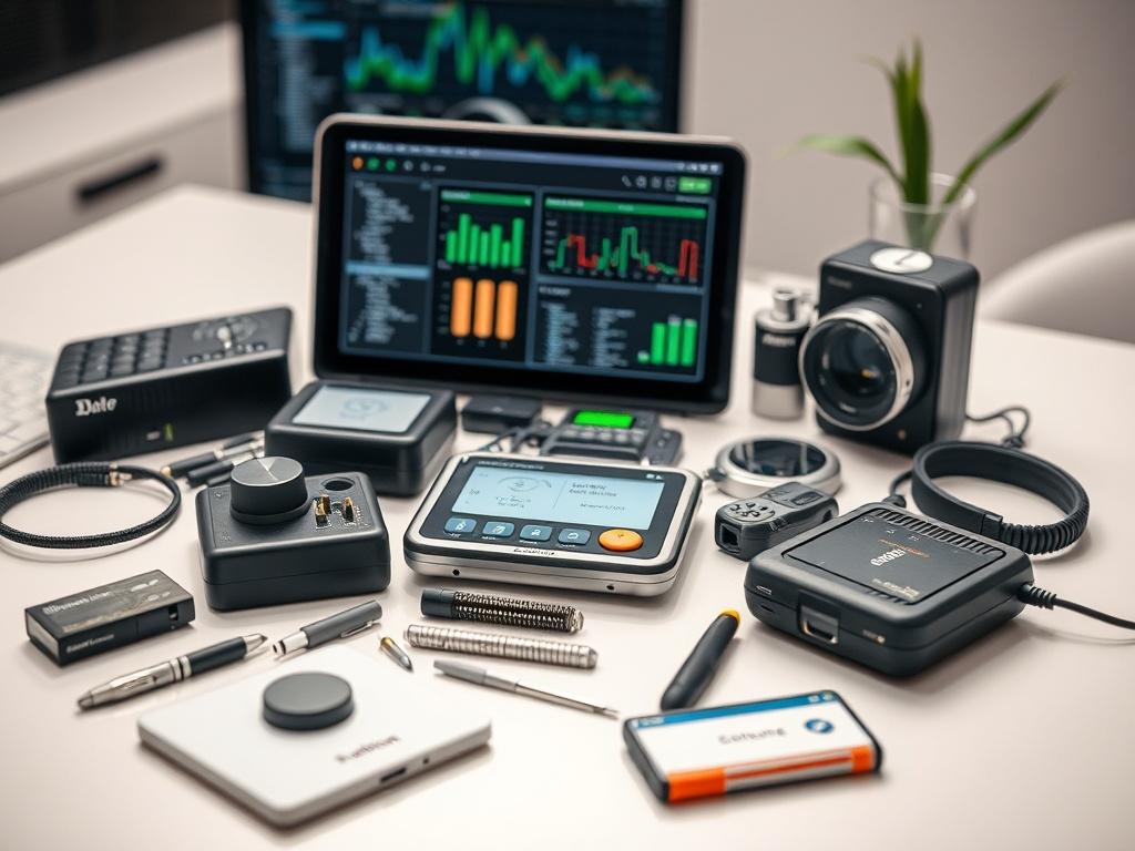 A realistic high-resolution image of a tech toolkit, featuring various gadgets and tools related to e-commerce integration, such as payment processors and catalog sync devices, laid out on a clean workspace with a modern aesthetic. The background should be neutral, allowing the toolkit to stand out, and the lighting should be bright yet soft, emphasizing the toolkit's features.