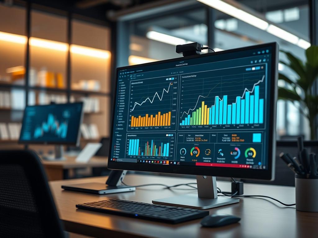 A realistic high-resolution image showcasing a computer screen displaying automated catalog sync software in action, with graphs and product listings being updated in real-time. The background should be a sleek, modern office space, emphasizing efficiency and technology.