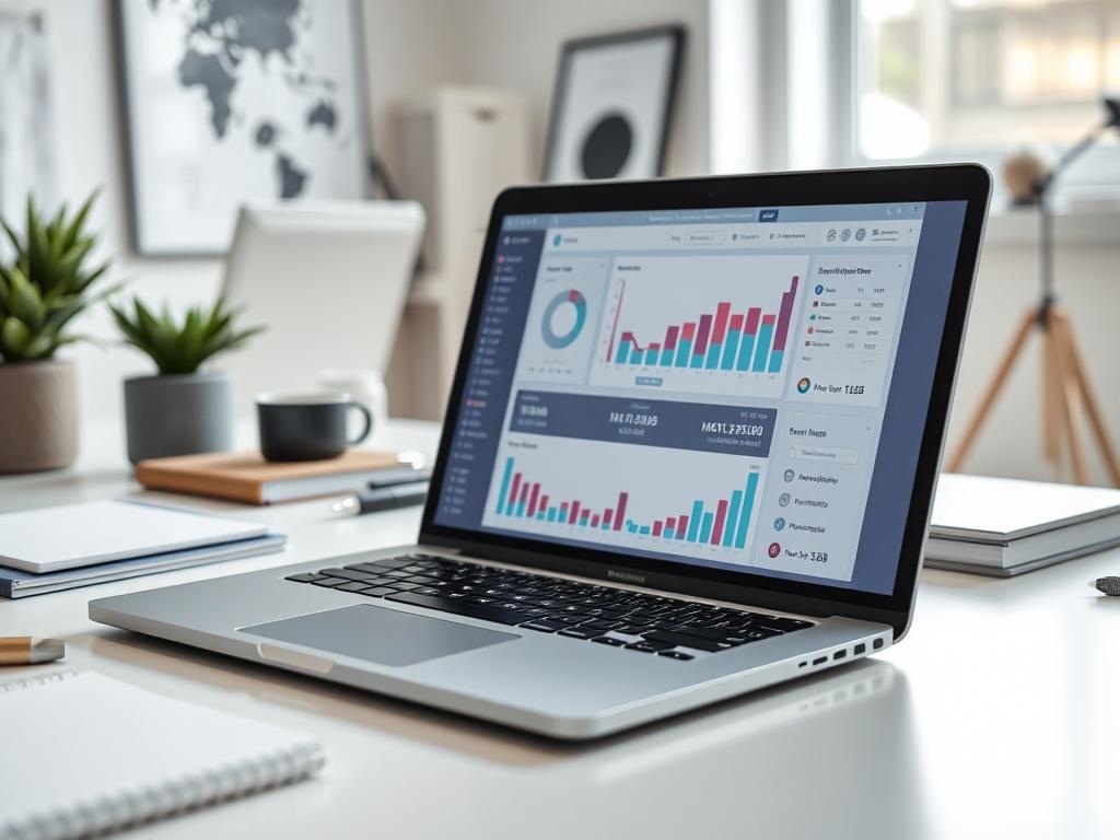 A close-up shot of a sleek laptop displaying an e-commerce dashboard on the screen, featuring charts and graphs, surrounded by modern office items. The background should be a clean workspace with soft lighting to convey a professional atmosphere.
