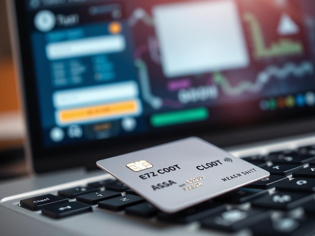 A detailed close-up of a credit card and a laptop keyboard, symbolizing secure online transactions. Soft focus on the background, featuring a digital payment interface on the laptop screen, creating a sense of modern technology.