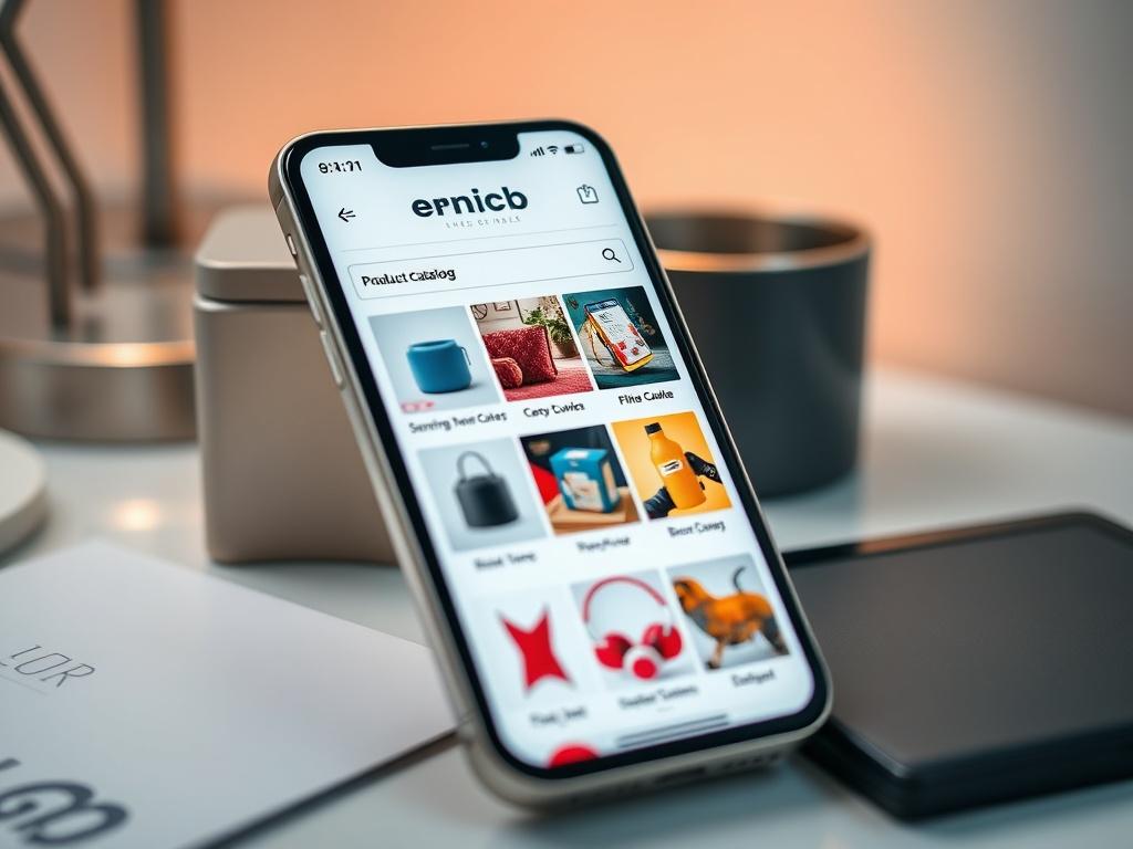 A high-resolution image of a smartphone displaying a product catalog app on the screen, showcasing various products with vibrant images, set against a stylish desk background. The lighting should highlight the phone's screen while maintaining a modern aesthetic.