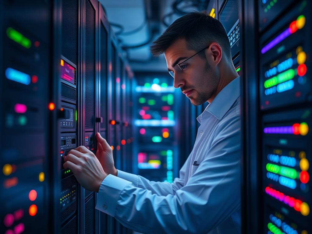 An IT professional configuring network equipment in a server room. The image captures the professional in action, surrounded by servers and network devices, with colorful LED indicators glowing. The environment is clean and organized, reflecting a high-tech infrastructure.