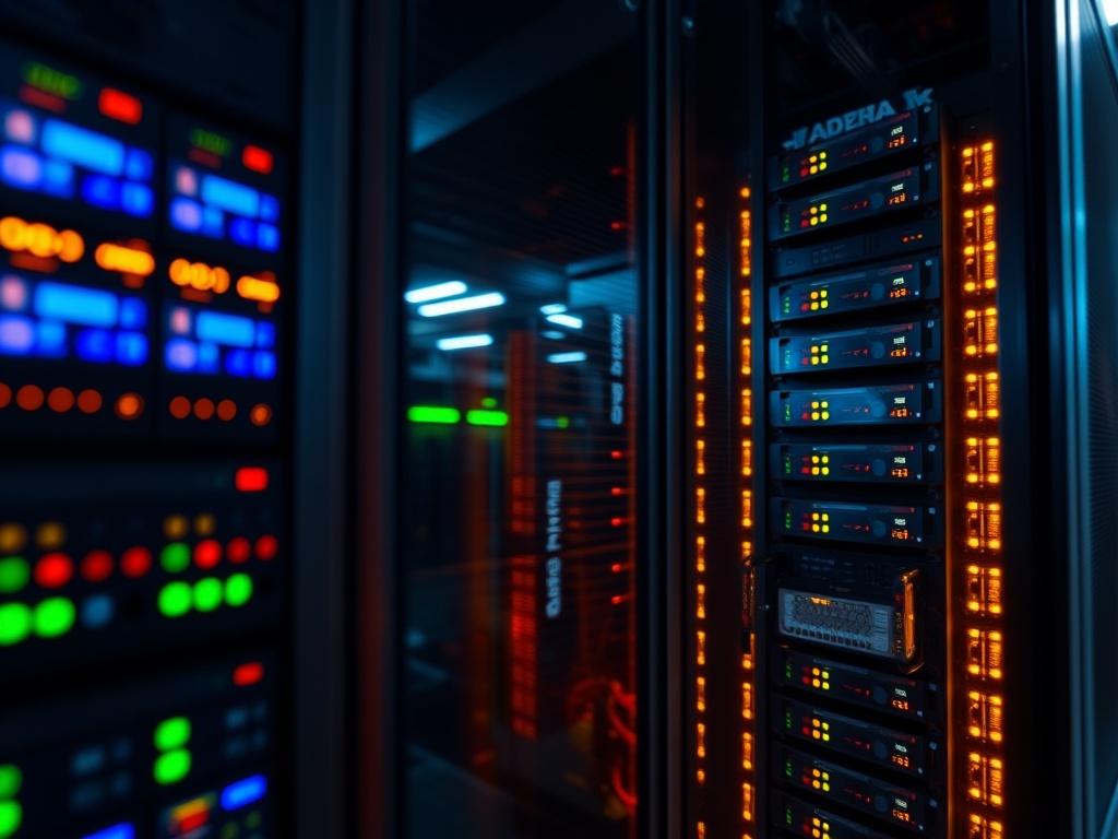 A close-up view of a high-performance server rack in a modern data center. The image highlights the intricate technology with glowing lights and cooling systems, showcasing an advanced and secure storage environment.