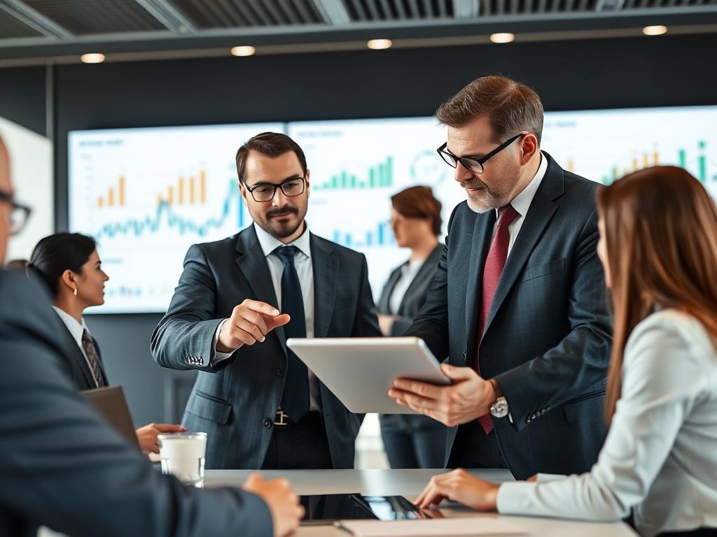 A professional consultant discussing IT strategies with a business team in a modern office setting. The focus is on the consultant, who is pointing at a digital tablet displaying analytics. The background shows a sleek conference room with a large screen displaying data charts, emphasizing a collaborative and high-tech environment.