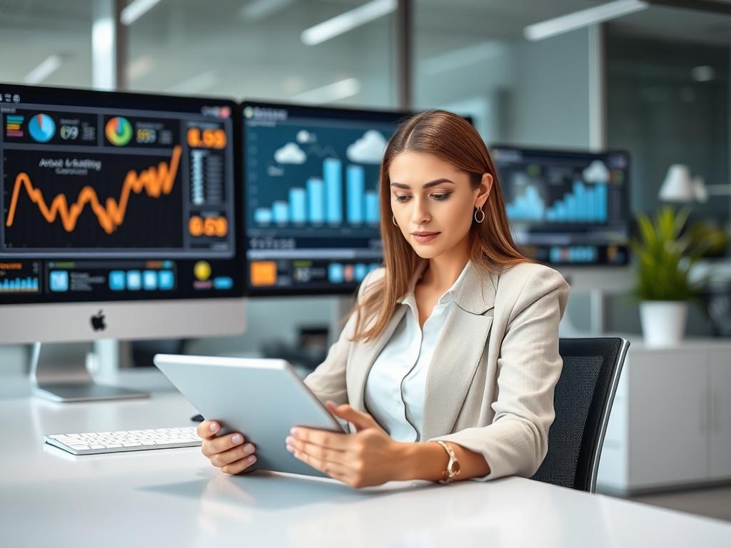 Create a realistic high-resolution photo that reflects the theme "Embracing Digital Transformation in Businesses." The composition should be simple and clear, featuring a single subject: a confident businesswoman sitting at a modern workspace, intently using a tablet. She should be approximately centered in the frame, with a focused expression that conveys engagement and innovation. 

The background should include elements that represent digital integration and transformation, such as sleek computer monitors displaying data analytics, digital marketing graphs, or cloud computing visuals, subtly blurred to ensure the subject remains the focal point. The workspace should be well-lit, conveying an atmosphere of productivity and modernity, with a clean, minimalist design featuring a touch of greenery, like a small potted plant, enhancing the professional environment.

Ensure the overall color palette utilizes the primary color rgb(50, 170, 39) to create harmony and a sense of freshness. The final image should embody a sense of forward-thinking and adaptability, emphasizing the importance of digital transformation for modern businesses.