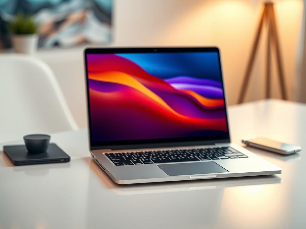 A sleek, modern high-performance laptop on a minimalist desk. The laptop is open, showing a vibrant display. The background is softly blurred, focusing on the laptop, with a warm light illuminating the scene, highlighting its features. The setting is professional and inviting.