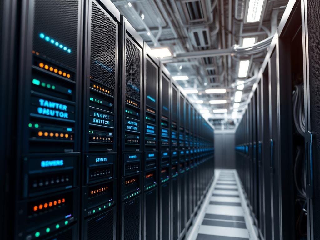 A modern enterprise server rack in a data center, showcasing sleek, high-tech servers with LED lights. The background features cooling systems and organized cabling. The image focuses on the servers, emphasizing their robust design and advanced technology.