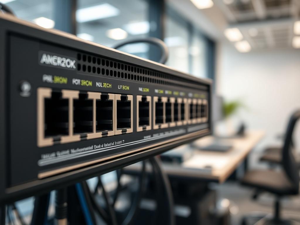A close-up of a high-tech networking switch with multiple ports in a modern office environment. The image captures the intricate design and connectivity options, with a blurred background of network cables and devices, conveying a sense of advanced technology.