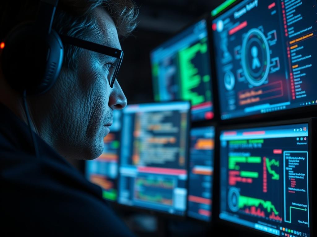 A close-up shot of a cybersecurity expert monitoring multiple screens displaying security data and alerts. The environment should be dark to create a high-tech atmosphere, with bright screen lights reflecting on the expert's focused face. The image should convey a sense of urgency and vigilance.