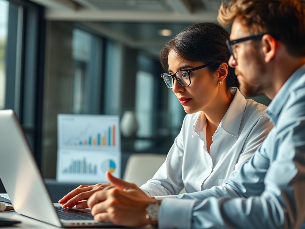 A close-up shot of a business consultant discussing with a client over a laptop, with a modern office background. The setting should be bright and professional, showcasing technology elements like charts and graphs on the screen. The consultant appears engaged and attentive, creating a collaborative atmosphere.