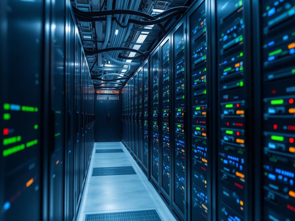 A hyper-realistic image of a modern data center filled with servers and network equipment. The focus is on the intricate details of the technology, highlighting the advanced infrastructure with LED lights and cooling systems. The background should be subtly blurred to emphasize the importance of the technology.