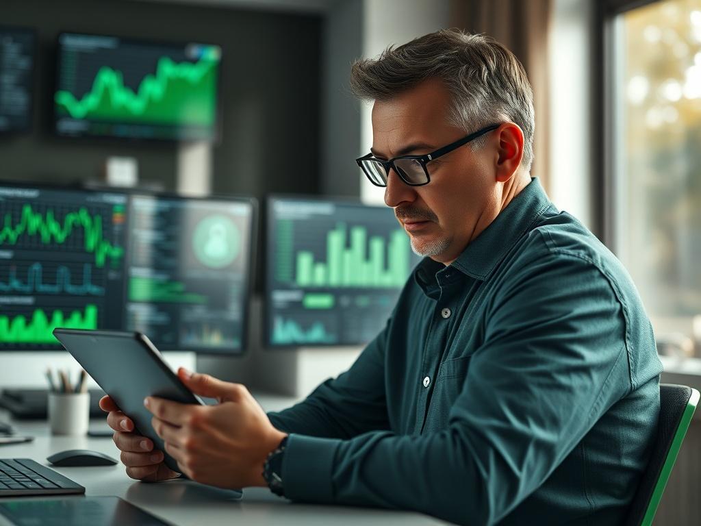 **AI Image Generation Prompt:**

Create a realistic high-resolution photo featuring a single, focused subject: a professional cybersecurity analyst. The analyst is a middle-aged individual with a concentrated expression, seated at a modern desk, intently studying a digital tablet displaying a complex cybersecurity analytics dashboard. The background should show an office environment equipped with high-tech monitors displaying graphs and security data, subtly blurred to ensure that the subject remains the fo