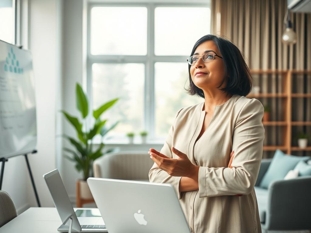 **AI Image Generation Prompt:**

Create a realistic high-resolution photo that visually embodies the concept of "Harnessing Cloud Technology for Business Growth." The composition should be simple and clear, featuring a single subject at the center of the frame. The subject is a modern entrepreneur, a middle-aged South Asian woman, confidently looking up while standing in a bright, aesthetically pleasing office environment. She is engaged in a conversation via her sleek laptop, the screen displaying cloud se