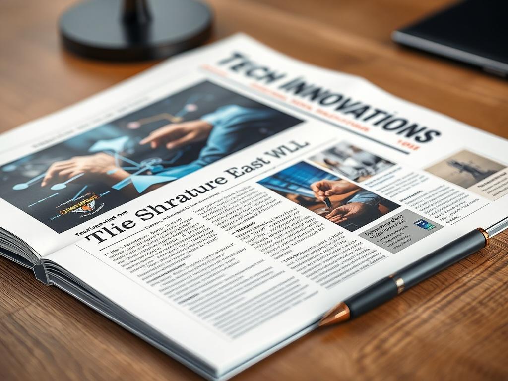 A close-up shot of the Tech Innovations Magazine open to the feature article on Star Tech Middle East WLL. The magazine is placed on a wooden desk with a stylish pen beside it. The background is softly blurred, focusing on the magazine's pages, emphasizing the feature article.