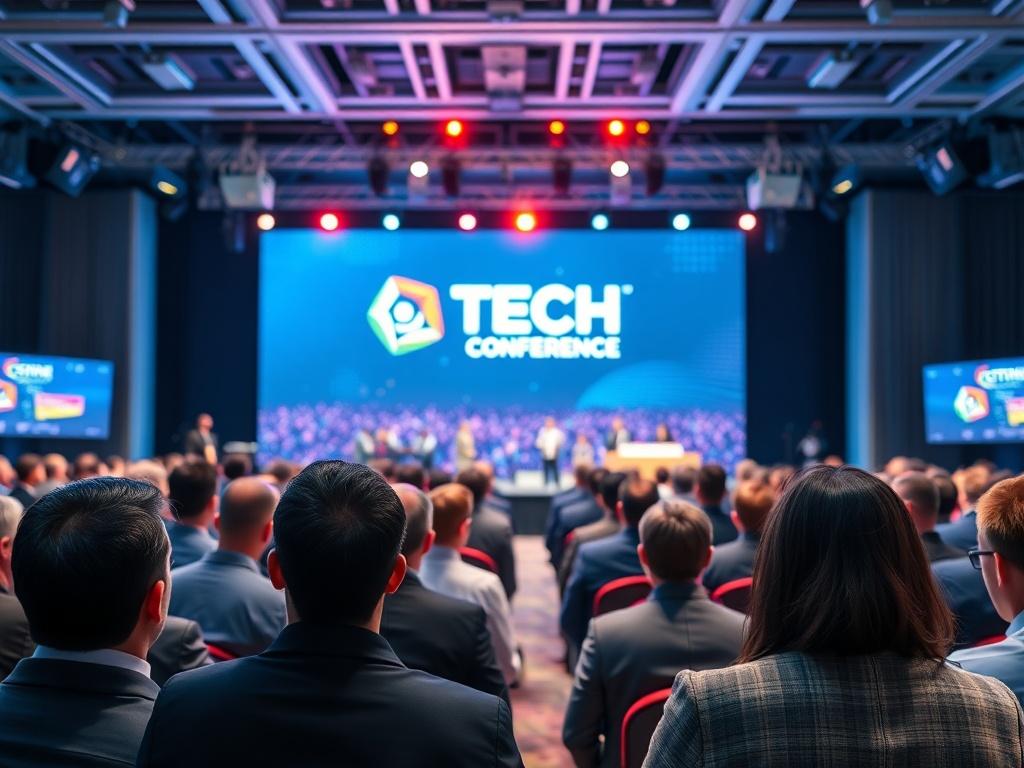 A vibrant image of a tech conference setting with a large stage and audience. The stage displays a large screen showcasing the conference logo. Attendees are engaged, with a diverse group of professionals in business attire, capturing the energy and excitement of the event.