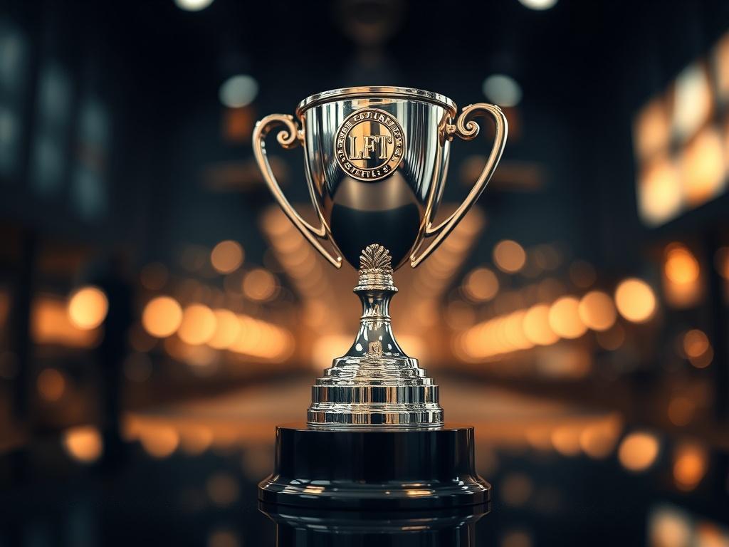 A close-up shot of a shiny award trophy with a reflective surface, placed on a sleek black table. The background features soft, out-of-focus lights to create a celebratory ambiance. The composition emphasizes the trophy as the central subject, showcasing its intricate design and engravings.