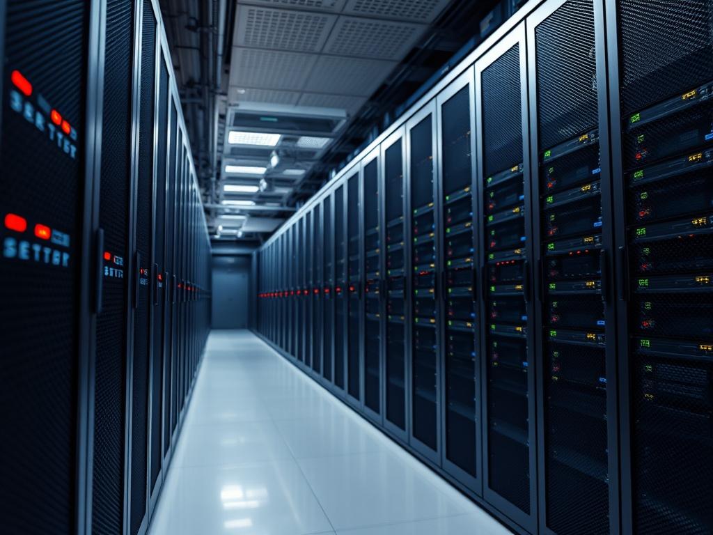 A robust enterprise-class server in a data center, showcasing its sleek design with blinking lights indicating active performance. The background features rows of similar servers, highlighting a high-tech environment focused on reliability and security.