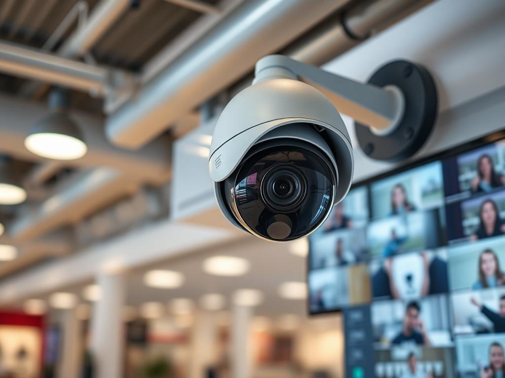 A modern security camera mounted in a commercial setting, capturing a wide view of the area. The background includes a digital monitor displaying live feeds, emphasizing the advanced technology and security features.