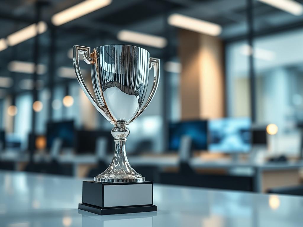 A hyper-realistic close-up shot of a shining award trophy on a sleek desk. The trophy symbolizes excellence in IT services, with a blurred background of an office environment showcasing modern technology. The lighting enhances the trophy's brilliance, while the color palette aligns with the primary color rgb(50, 170, 39). The focus is solely on the award, emphasizing its significance.