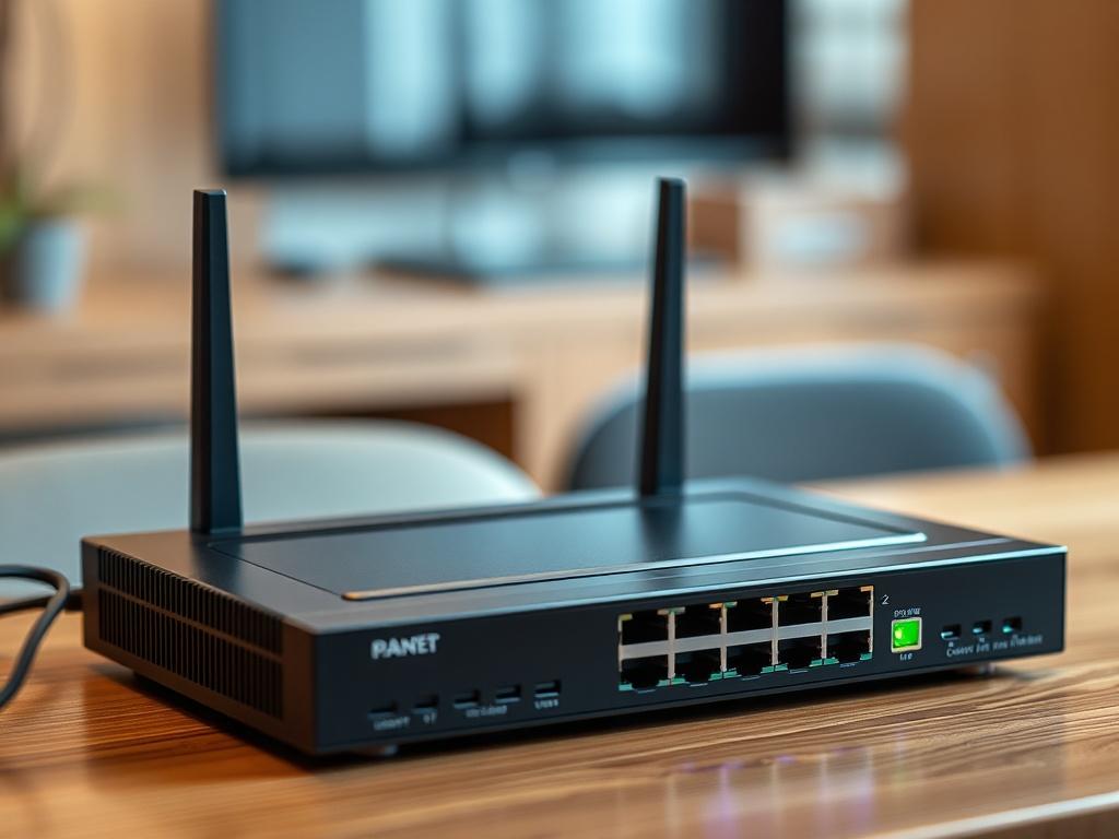A modern networking device setup on a wooden table, showcasing a router and switch with blinking lights. The background should be softly blurred, emphasizing the networking hardware's sleek design.