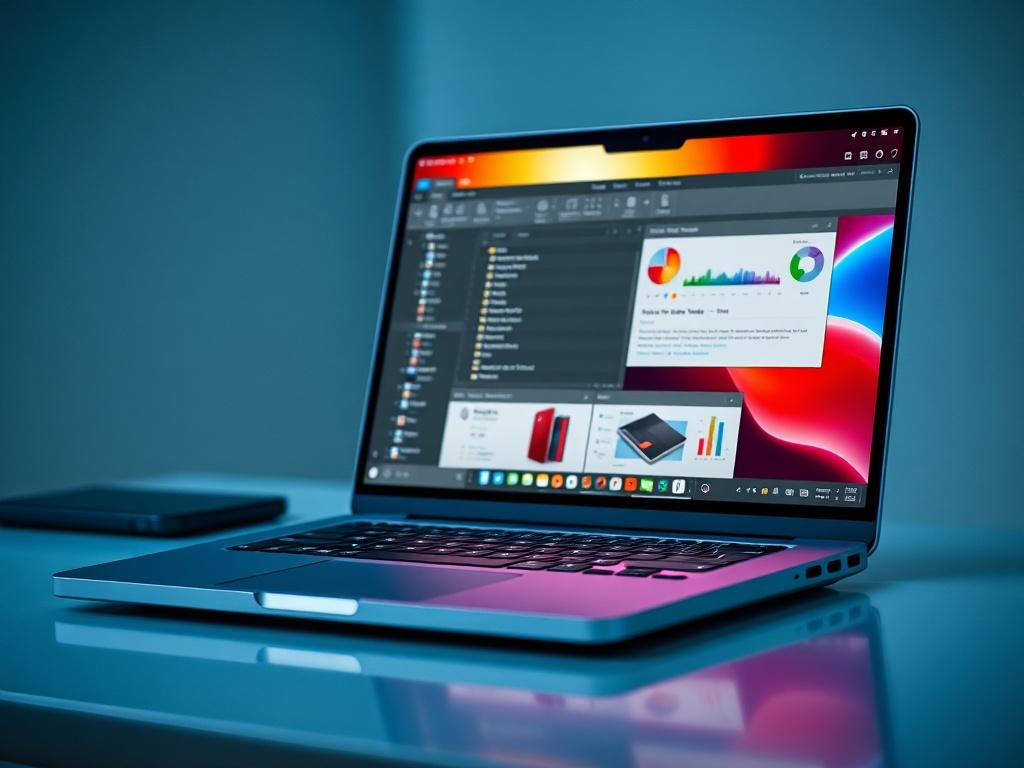 A high-performance laptop on a sleek desk, displaying a vibrant screen with an open software application and a modern design. The background should be minimalistic, focusing on the laptop, with soft lighting that highlights its features.