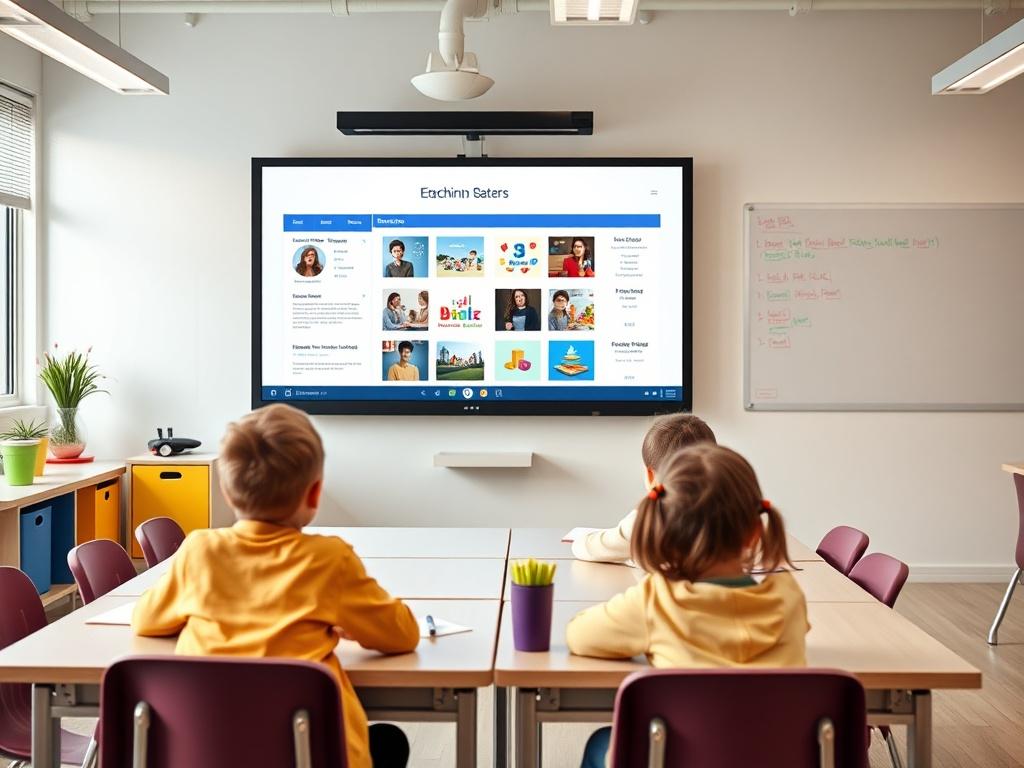 An interactive whiteboard in a bright classroom setting, displaying educational content with students engaged in a lesson. The background should feature modern classroom furniture and vibrant colors that create an inviting atmosphere.