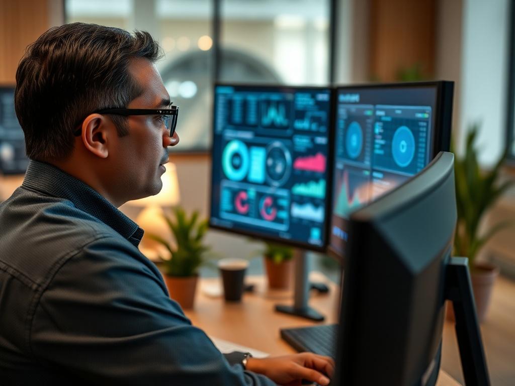 Create a realistic high-resolution photo that embodies the theme "Top Cybersecurity Trends for 2023." The composition should feature a single subject: a professional cybersecurity analyst in a modern office setting. The analyst, a middle-aged South Asian man wearing glasses and business casual attire, should be intently focused on multiple monitor screens displaying cybersecurity analytics and threat detection dashboards.

The background should showcase a clean, contemporary office environment with minimal 