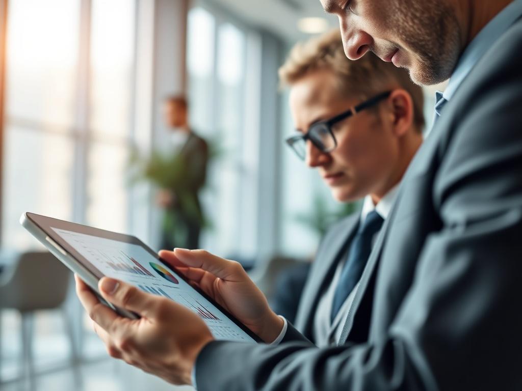 A close-up shot of a business professional analyzing procurement data on a tablet, with a detailed view of graphs and charts on the screen. The background features a modern office environment with soft lighting, emphasizing a professional atmosphere. The image should capture the focus and determination of the individual, showcasing the importance of B2B procurement in the business landscape.