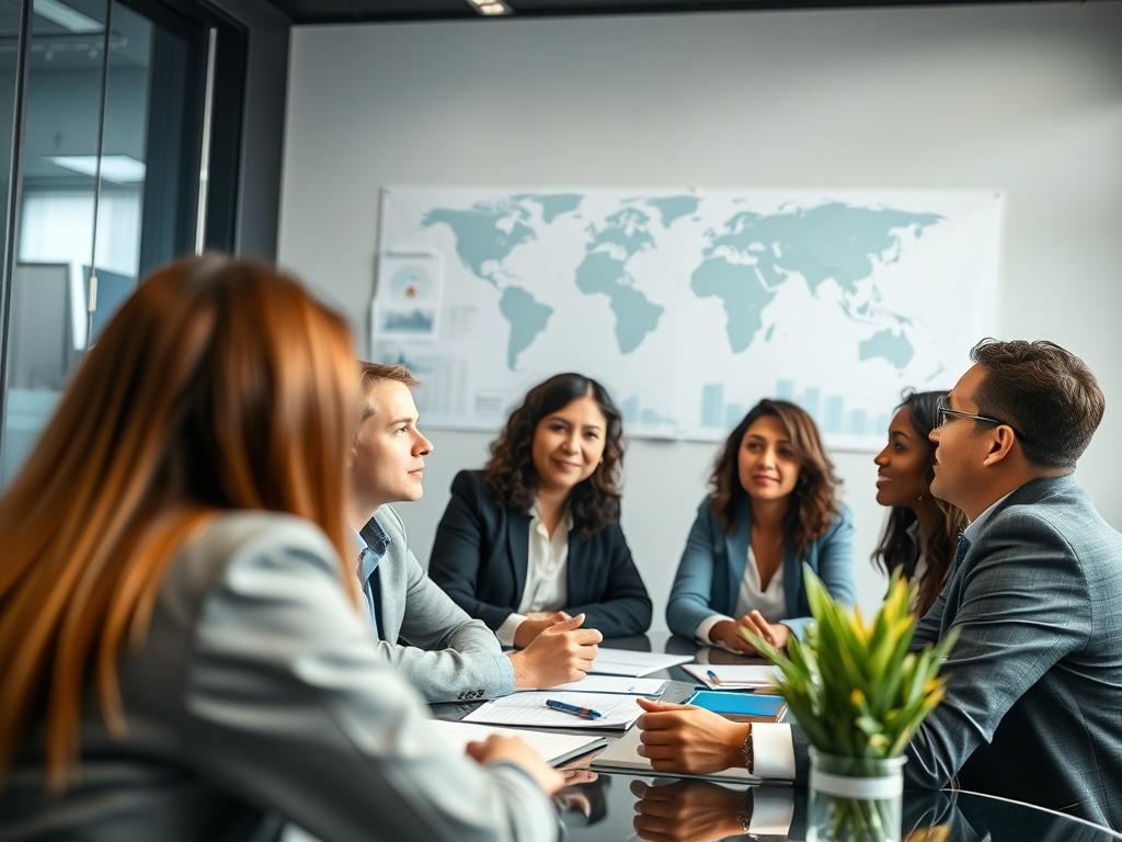 A vibrant close-up of a diverse group of business professionals engaged in a discussion about franchise opportunities, with visual aids such as charts and maps in the background. The image should convey collaboration and enthusiasm, set in a modern meeting room that reflects a global business perspective.