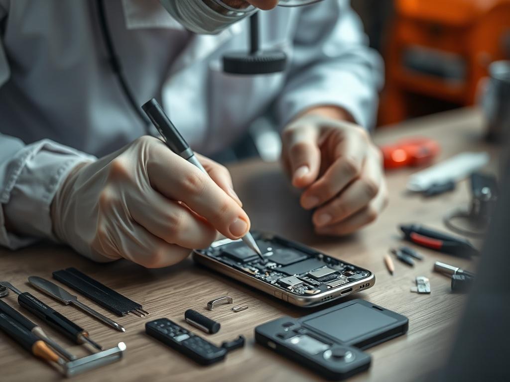 A hyper-realistic close-up of a technician carefully repairing a smartphone, with tools and spare parts neatly organized on the table. The focus is on the technician's skilled hands and the intricate details of the phone's interior. The background is softly blurred, highlighting the repair process while maintaining a professional ambiance.