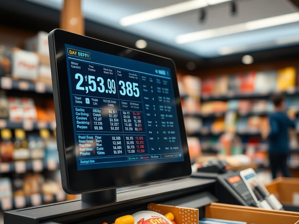 A close-up shot of a retail store's checkout area with a digital screen displaying real-time inventory data. The background features blurred shopping items, creating an engaging and tech-savvy atmosphere, captured with a 45mm f/1.2 lens.