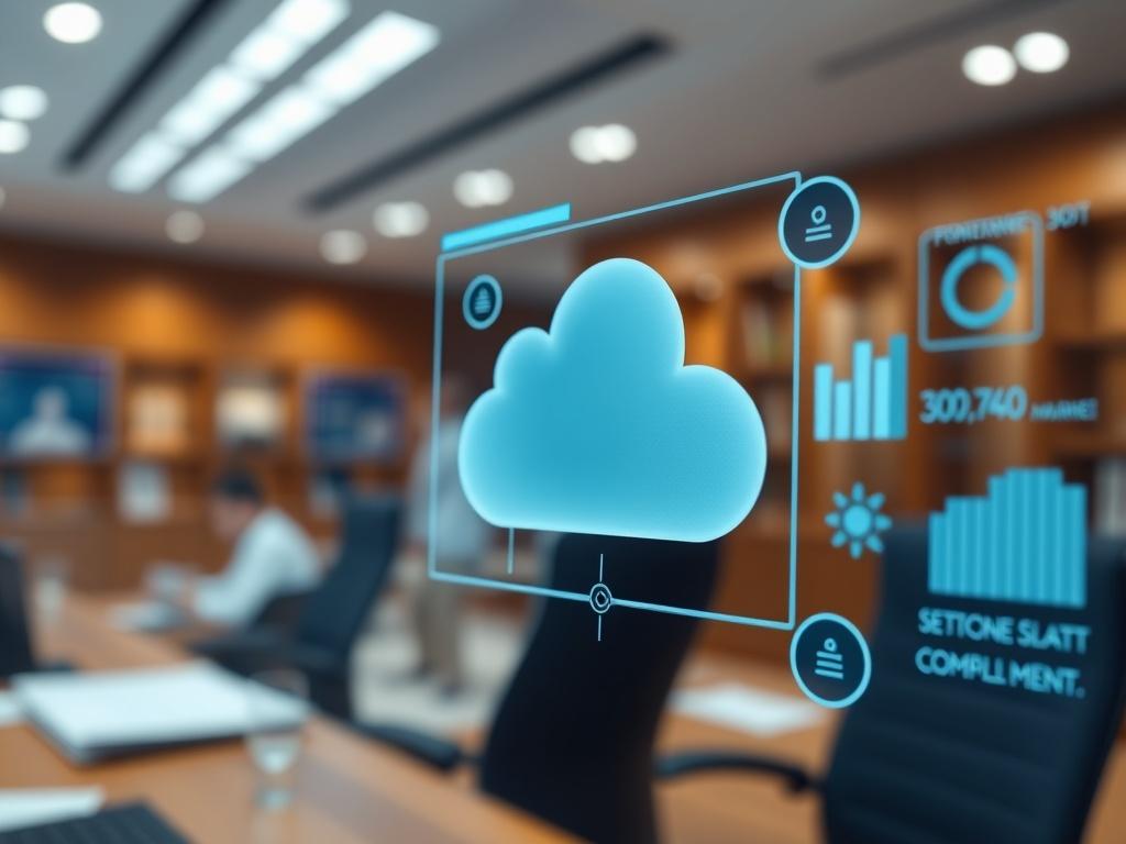 A close-up of a bank office with a digital interface showing cloud data management tools. The image captures the essence of modern banking technology, with blurred financial documents in the background, shot with a 45mm f/1.2 lens.