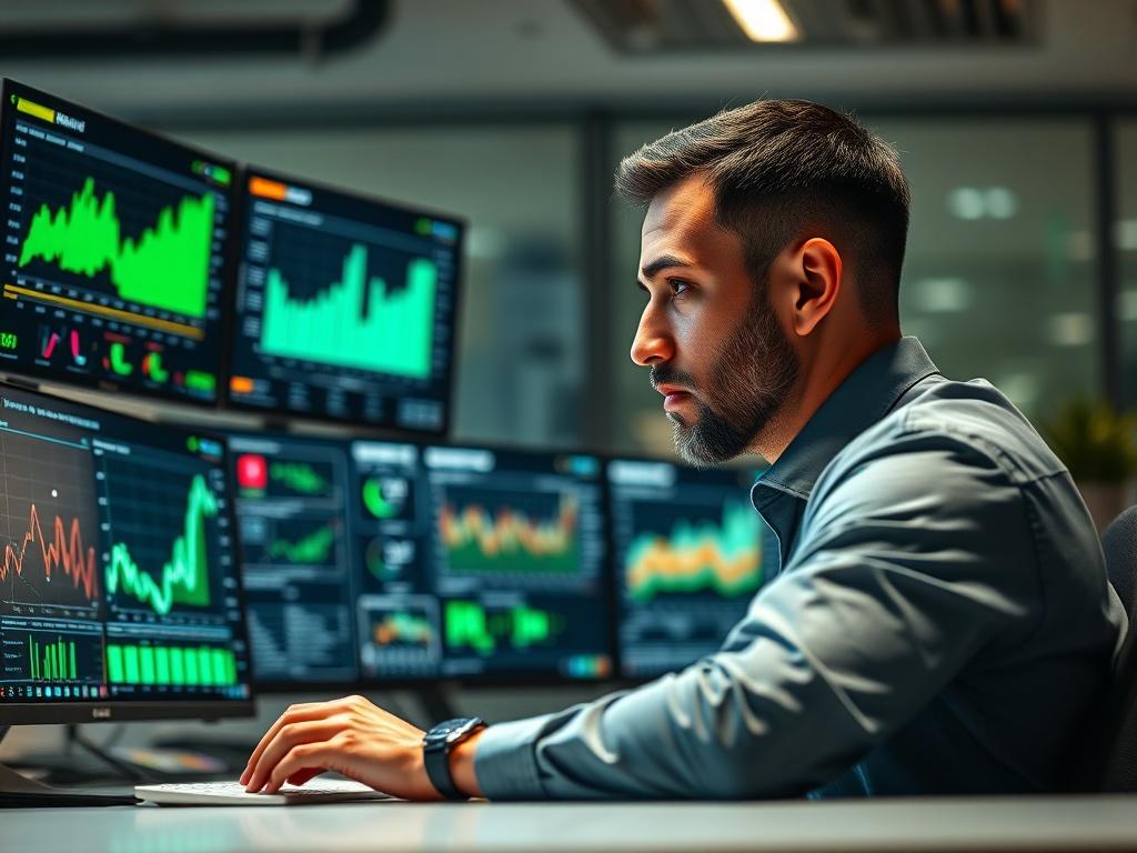 Create a realistic high-resolution photo of a professional male IT security analyst deeply engaged in his work. He is sitting at a modern desk with multiple screens displaying various graphs, statistics, and cybersecurity alerts. Focus on the analyst's concentrated expression as he examines data trends for IT security in 2023. 

Use a close-up shot with a shallow depth of field to keep the analyst in sharp focus while softly blurring the screens in the background. Ensure the lighting is bright and natural, 