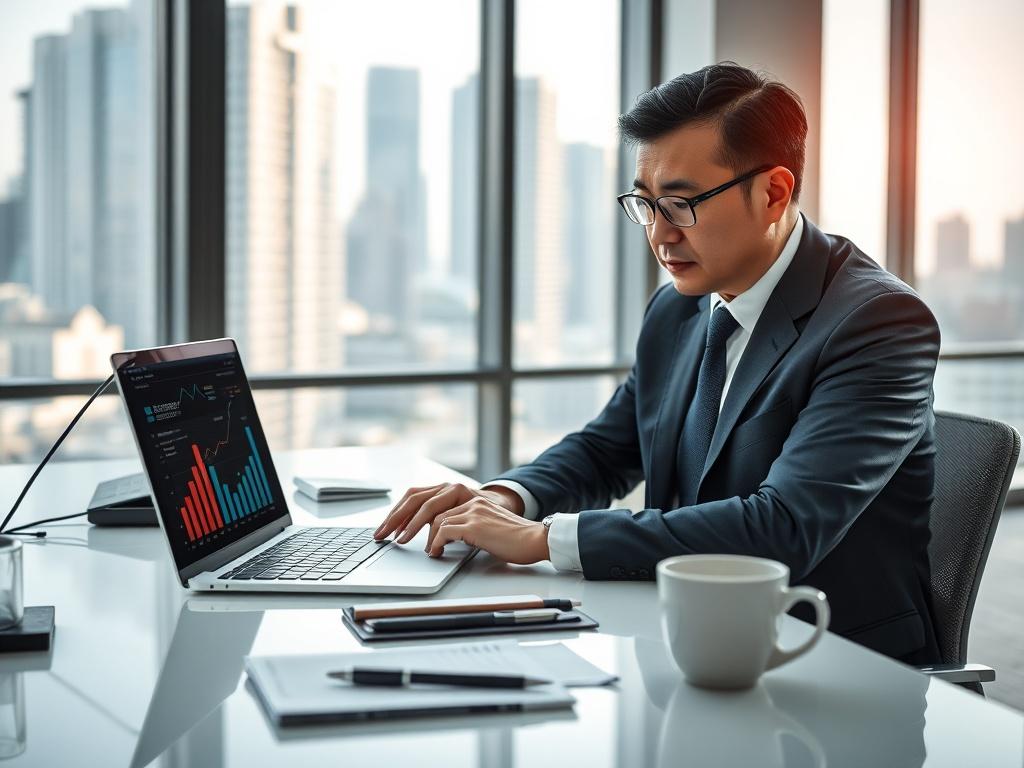 Create a realistic high-resolution photo of a focused business professional seated at a modern workspace. The subject should be a middle-aged Asian male, dressed in a sharp, tailored suit, deeply engaged in analyzing data on a laptop screen displaying graphs representing corporate IT efficiency. The workspace is sleek and contemporary, with a clean desk featuring minimalistic office supplies—such as a notepad, a pen, and a stylish coffee mug. 

In the background, softly blurred, there are large windows show