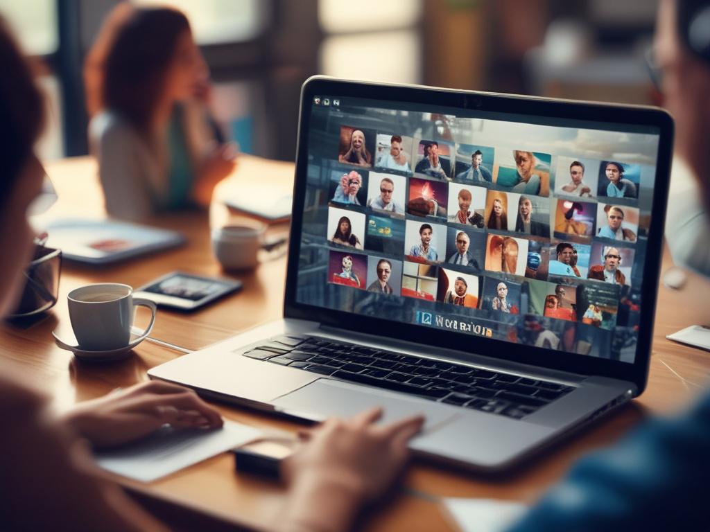 A close-up shot of a vibrant social media marketing campaign in action, featuring a laptop with social media analytics displayed on the screen. A diverse group of people are gathered around, engaged in discussion and brainstorming. The setting is a bright, modern office space with motivational posters in the background. The image should be hyper-realistic, captured with a 45mm f/1.2 lens, focusing on the expressions of collaboration and creativity.