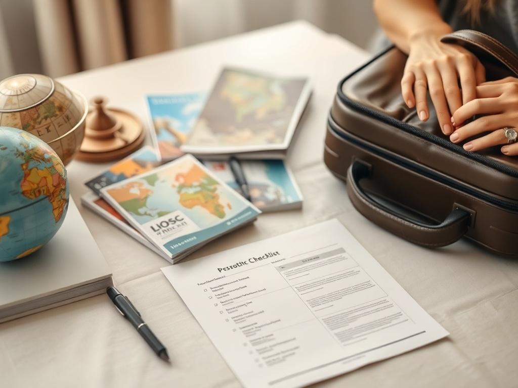 A checklist and travel documents on a table, with a person preparing their luggage for a trip, surrounded by travel guides and a globe.