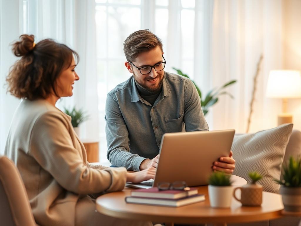 A serene consultation scene with a travel planner and a client discussing travel plans over a laptop in a cozy office setting, soft lighting, and a peaceful atmosphere.