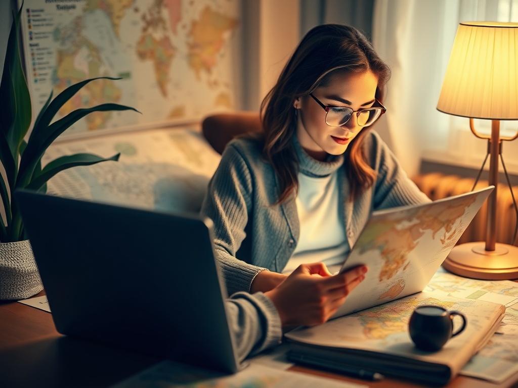 A travel planner working on a laptop, surrounded by maps and travel brochures, thoughtfully creating a customized itinerary, with soft ambient lighting.