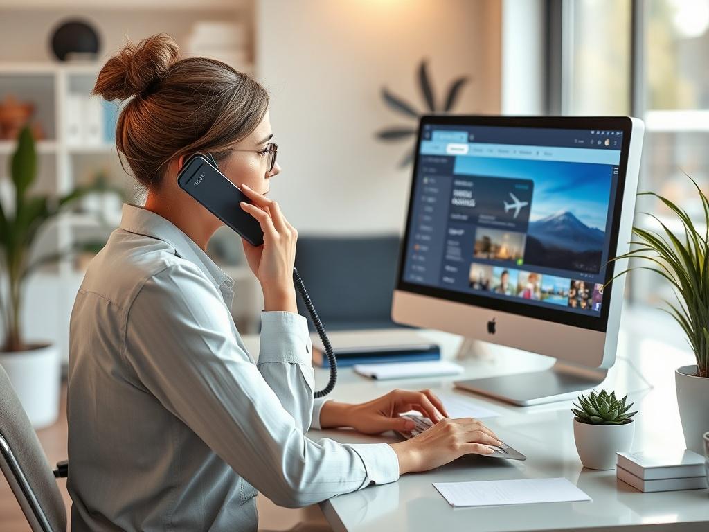 A travel agent on the phone, coordinating bookings with a computer displaying flight and hotel options, in a bright and inviting office space.