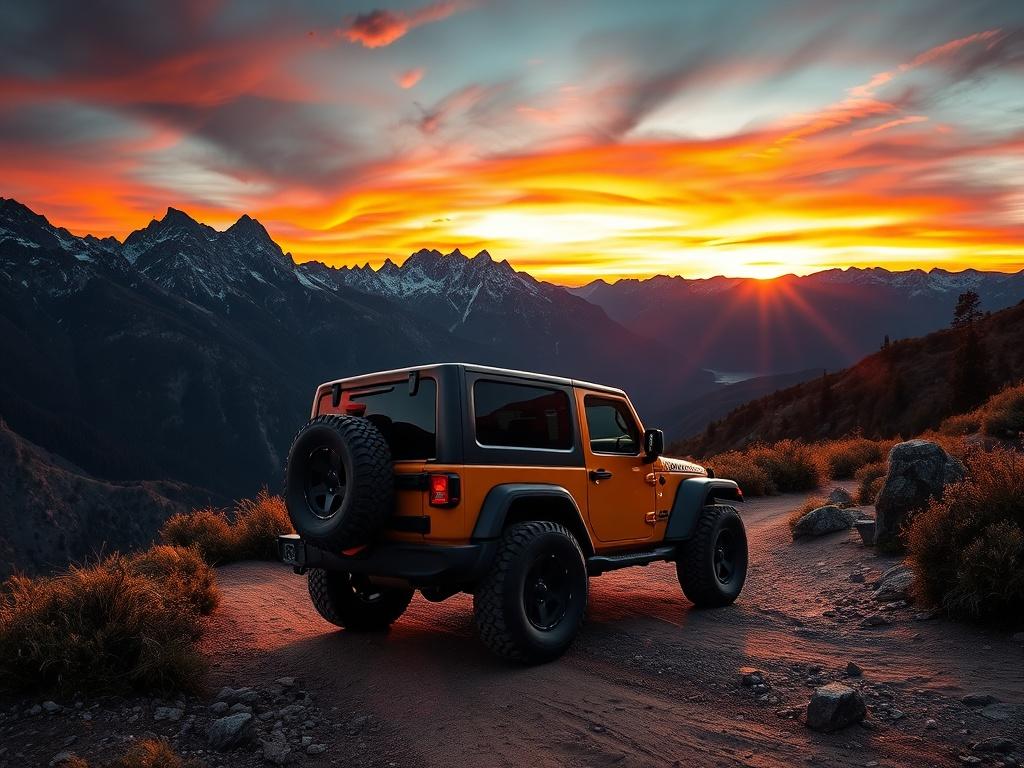 A rugged Jeep navigating through a scenic mountain trail during sunset, showcasing the vastness of nature with deep shadows and striking light contrasts. The Jeep is the main focus, positioned in the foreground, with majestic mountains and a colorful sky in the background, emphasizing the spirit of adventure and freedom.