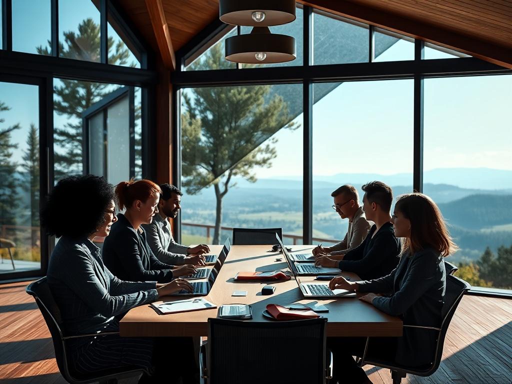 A high-resolution image of a diverse corporate team engaged in a collaborative meeting in a serene retreat setting. The group should be seated around a large table with laptops and notepads, discussing ideas passionately. The background should feature large windows with natural light pouring in, showcasing a beautiful outdoor landscape. The lighting should create striking contrasts between light and shadow, emphasizing the focus on teamwork and purpose-driven planning.