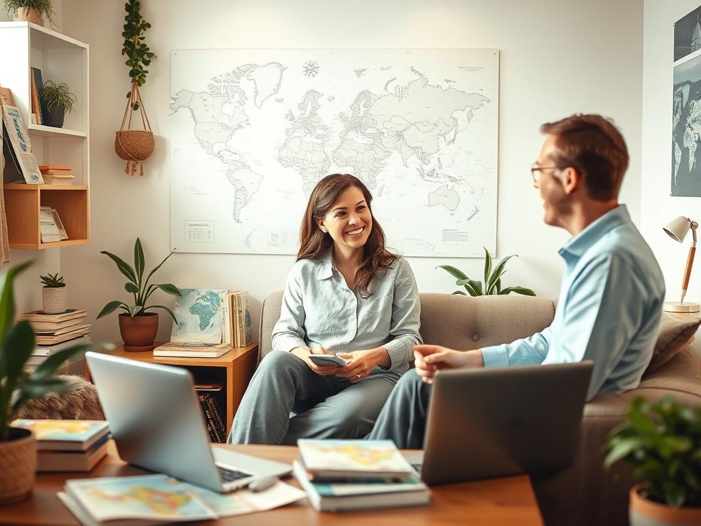 A serene travel planner in a cozy office setting, surrounded