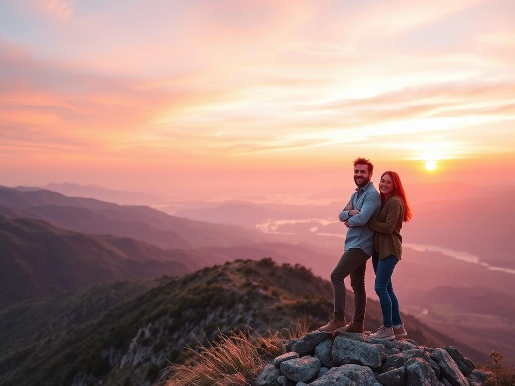 A serene travel scene featuring a couple standing on a