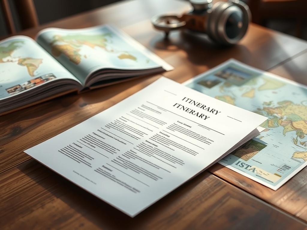 An elegant travel itinerary document laid out on a wooden