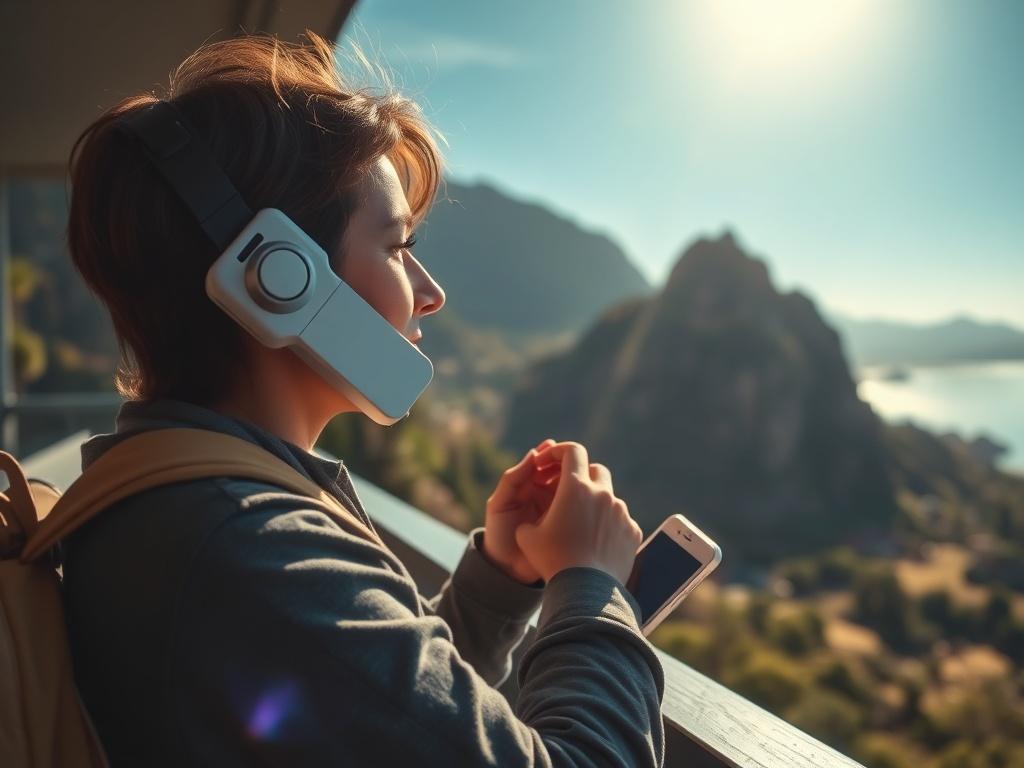 A traveler enjoying a scenic view while on a phone
