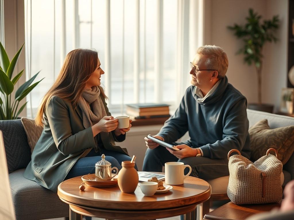 A serene setting with a travel planner and client discussing
