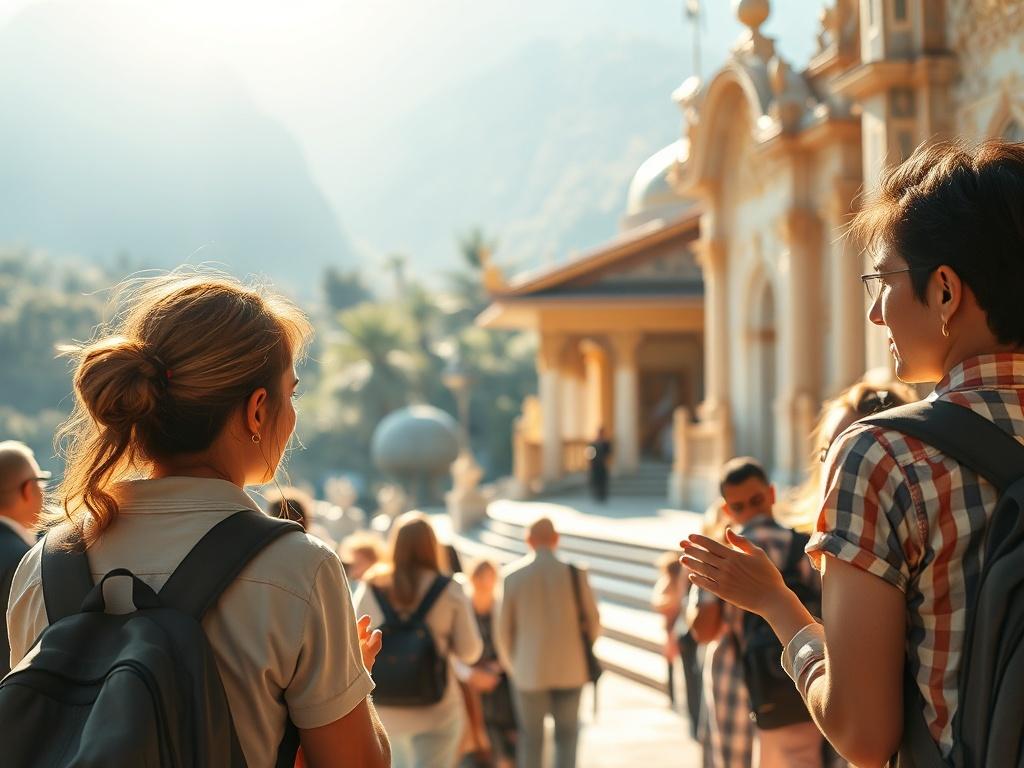 A tranquil scene of a group of travelers in a