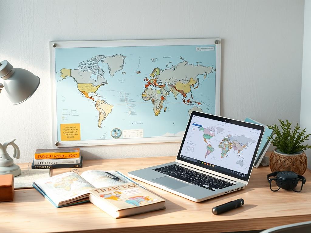 A serene travel planner's desk with a world map, travel